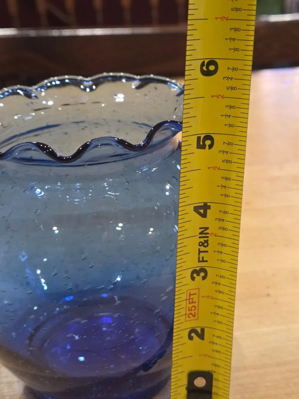 Vintage Pilgrim Glass Cobalt Blue Seeded Bubble Ruffled Rose Bowl Vase